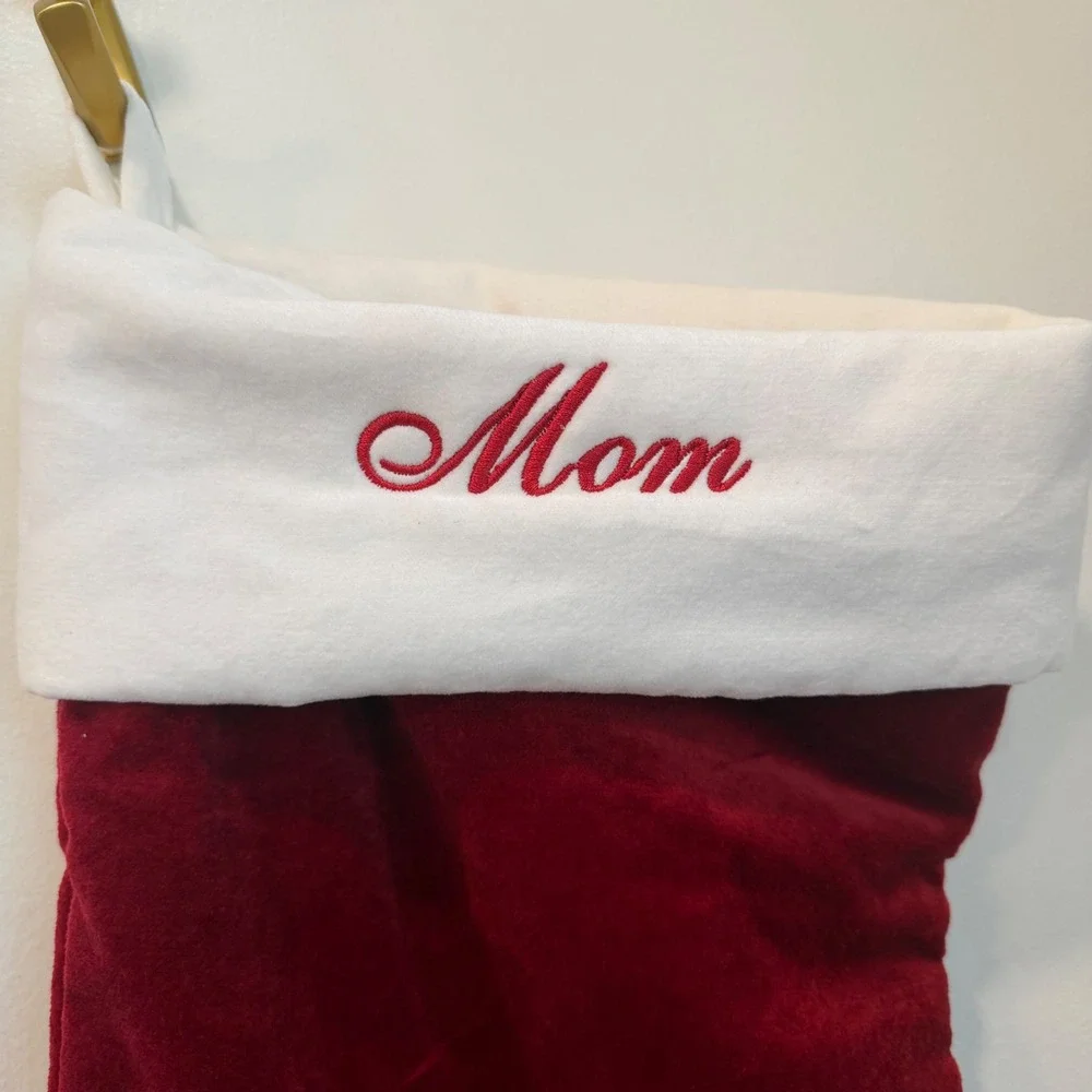 Pottery Barn Red Velvet Christmas Stocking XL Mom Embroidered White Cuff 22 In